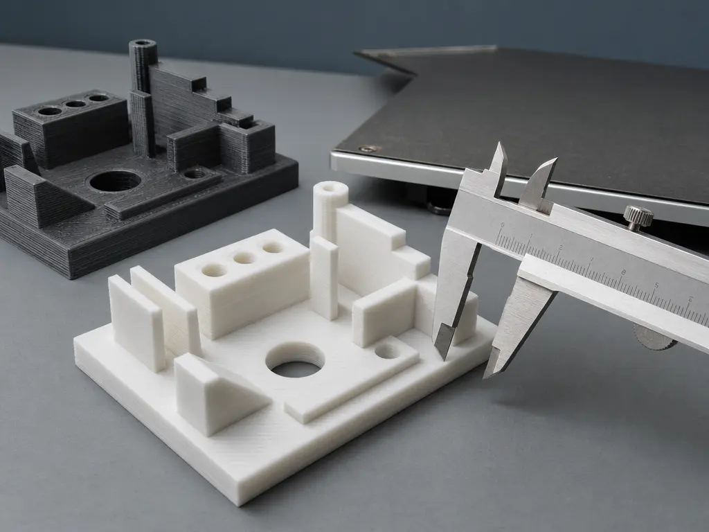 Printed FDM test artifact measured with calipers to check dimensional accuracy.