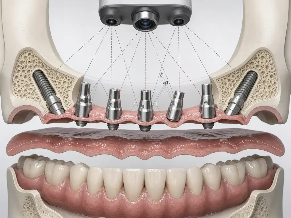 Dental photogrammetry cutaway showing seating, visibility, and soft-tissue failure modes