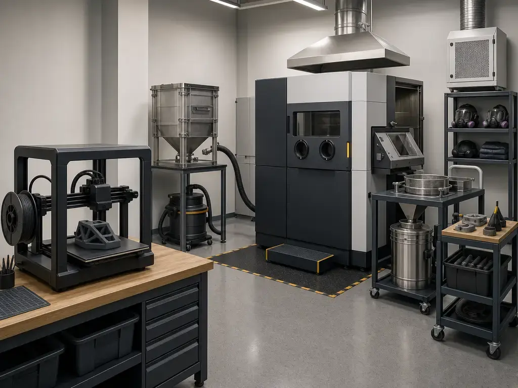Desktop and powder-bed industrial printer workflow with post-processing equipment