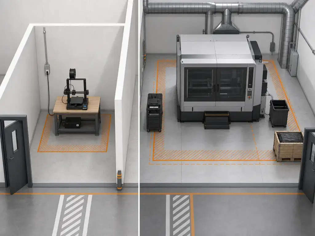 Desktop vs industrial printer footprint and facility clearance comparison