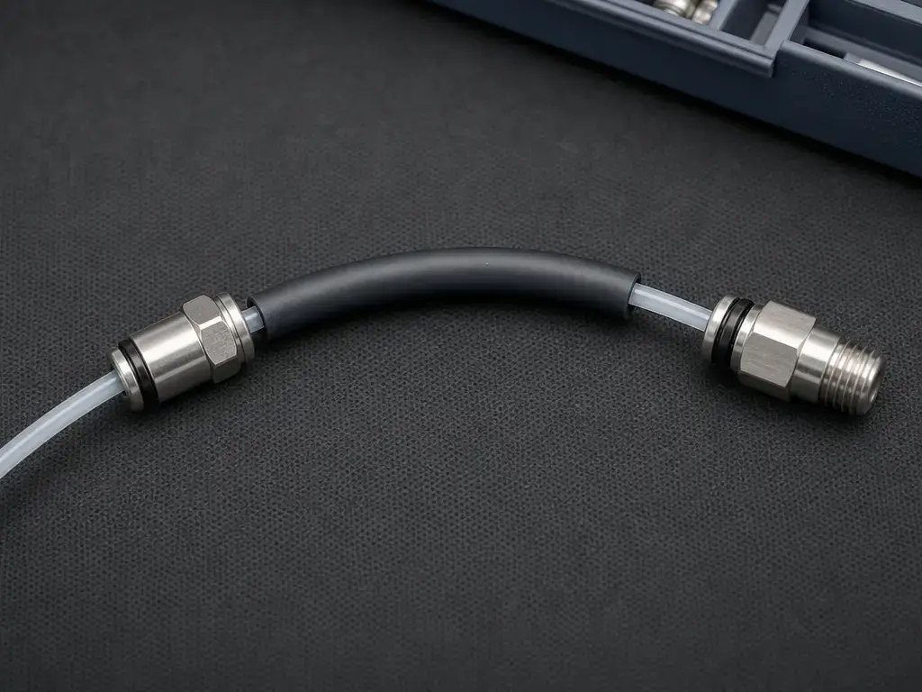 Flexible filament passes through a curved PTFE guide tube with metal fittings and a visible tube-end gap.