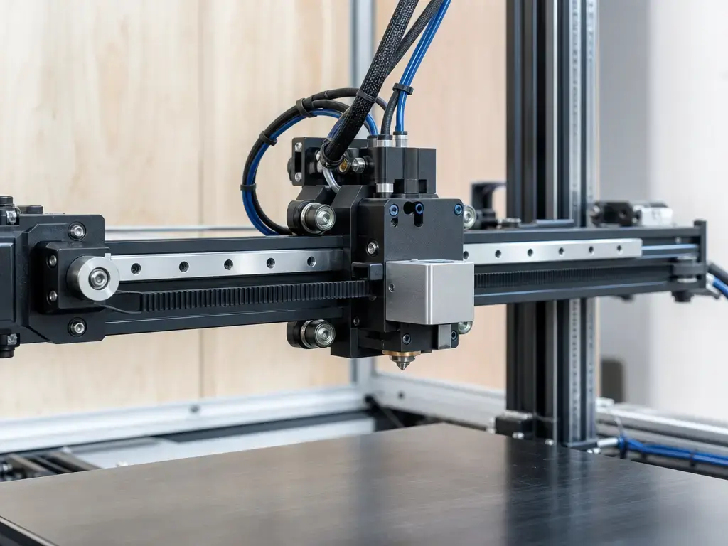 Close side view of a 3D printer carriage, rail, timing belt, and mounting hardware above an empty build plate.