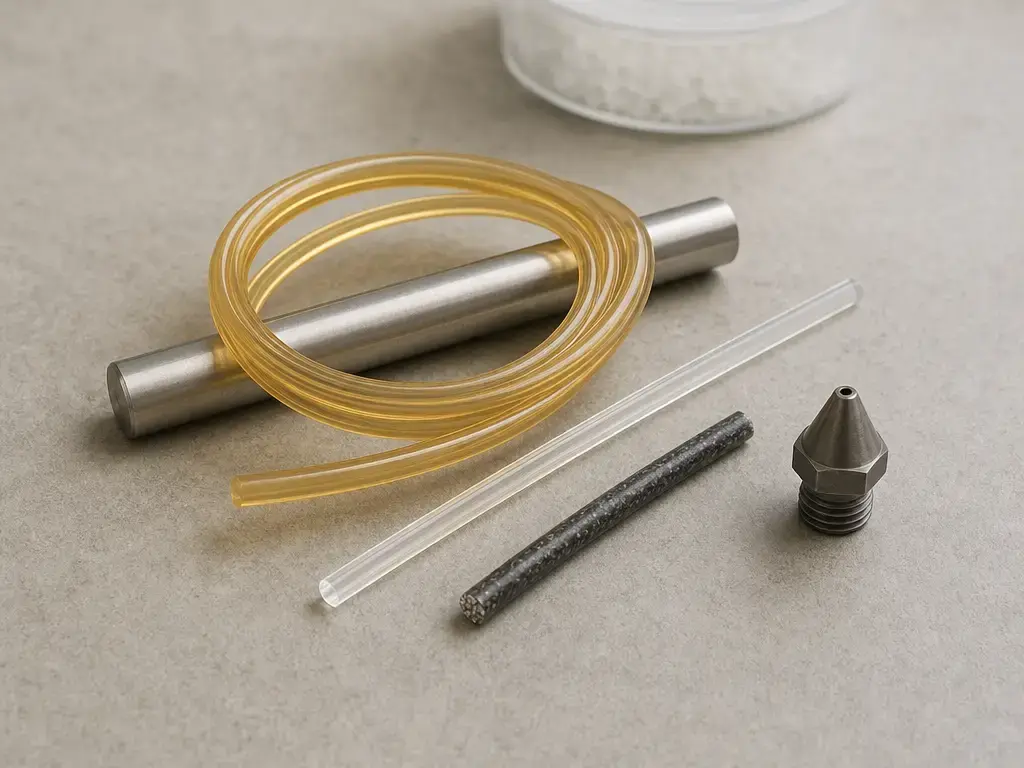 Flexible, rigid, and filled 3D-printing filament samples sit beside a metal mandrel and nozzle.