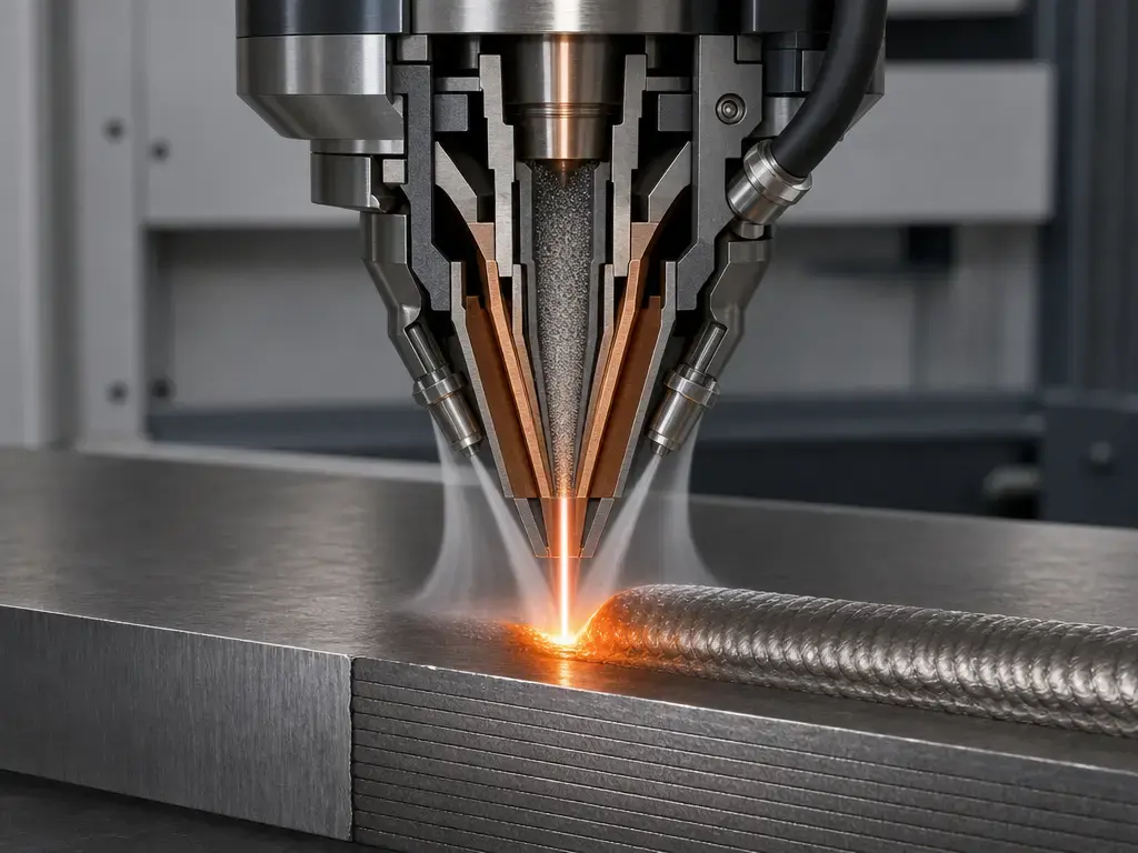 Laser powder DED head forming a melt pool and bead on a metal substrate