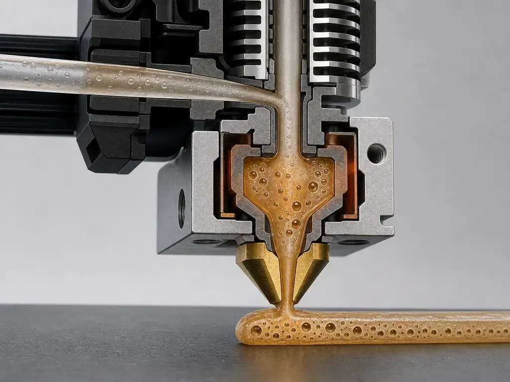 Cutaway of wet filament extruding through an FFF nozzle with bubbles and porosity.