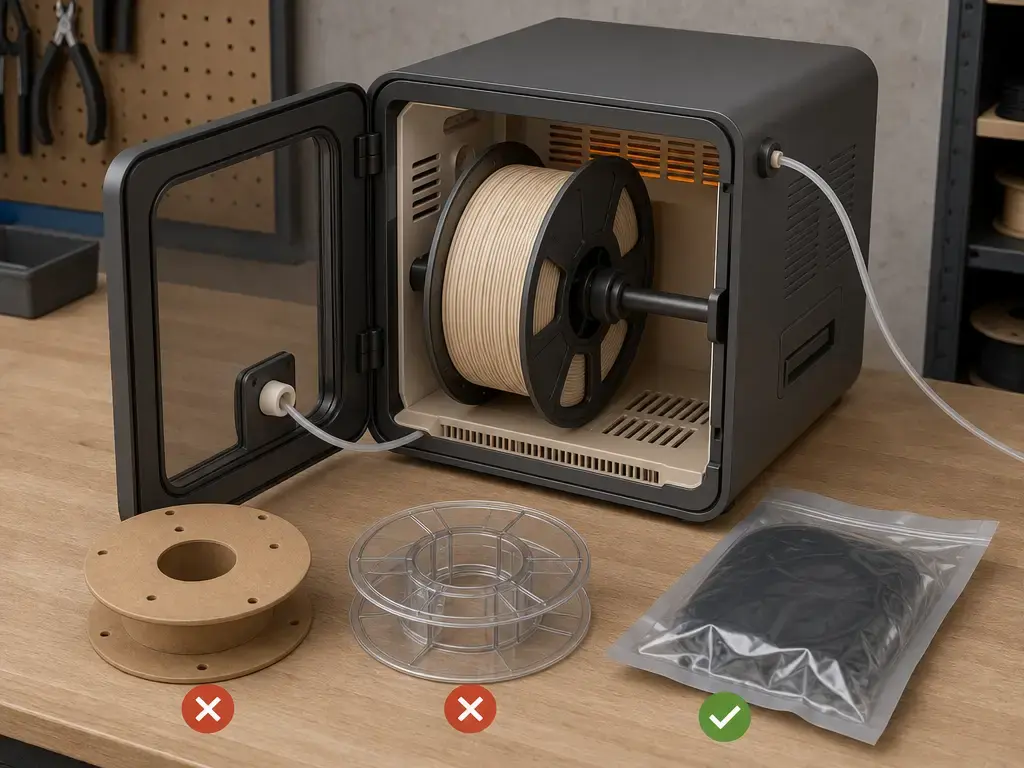 Filament spool drying in a vented dryer chamber with a feed-through path.