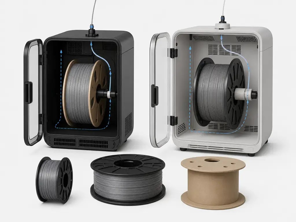 Comparison of filament dryer chamber size and spool fit for common spool formats.