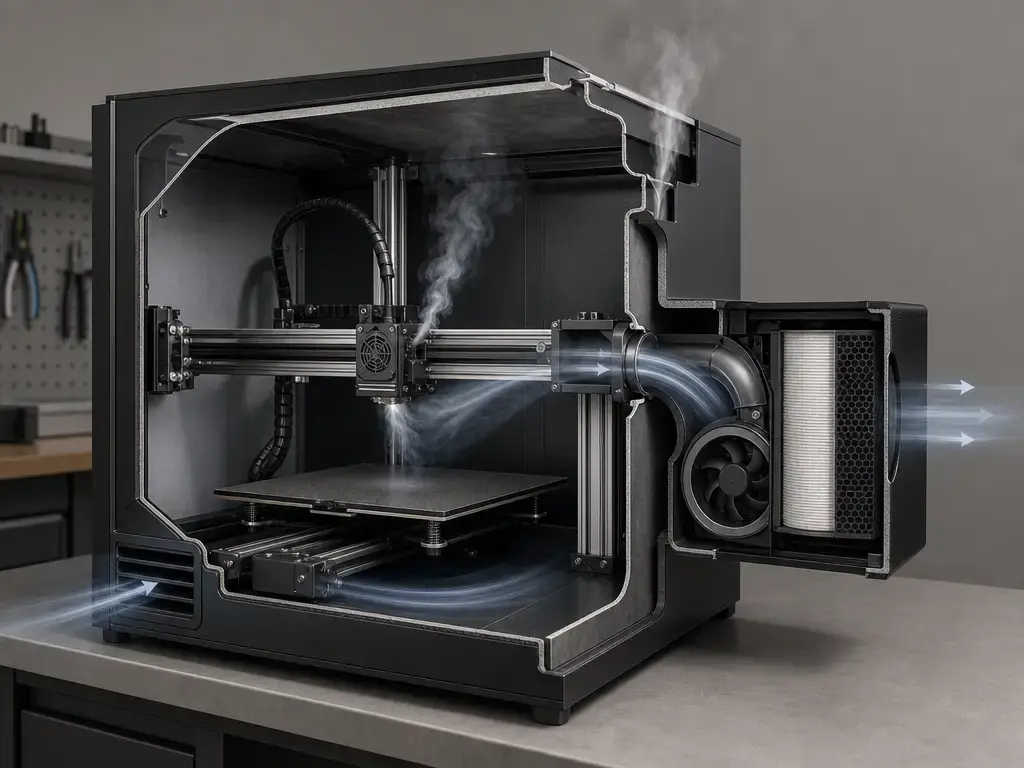 Cutaway of a 3D printer enclosure with local exhaust capture and leakage paths