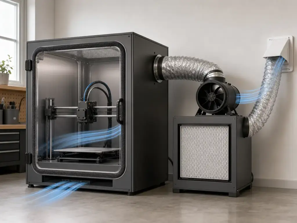 3D printer ventilation setup with enclosure, ducting, and exhaust path