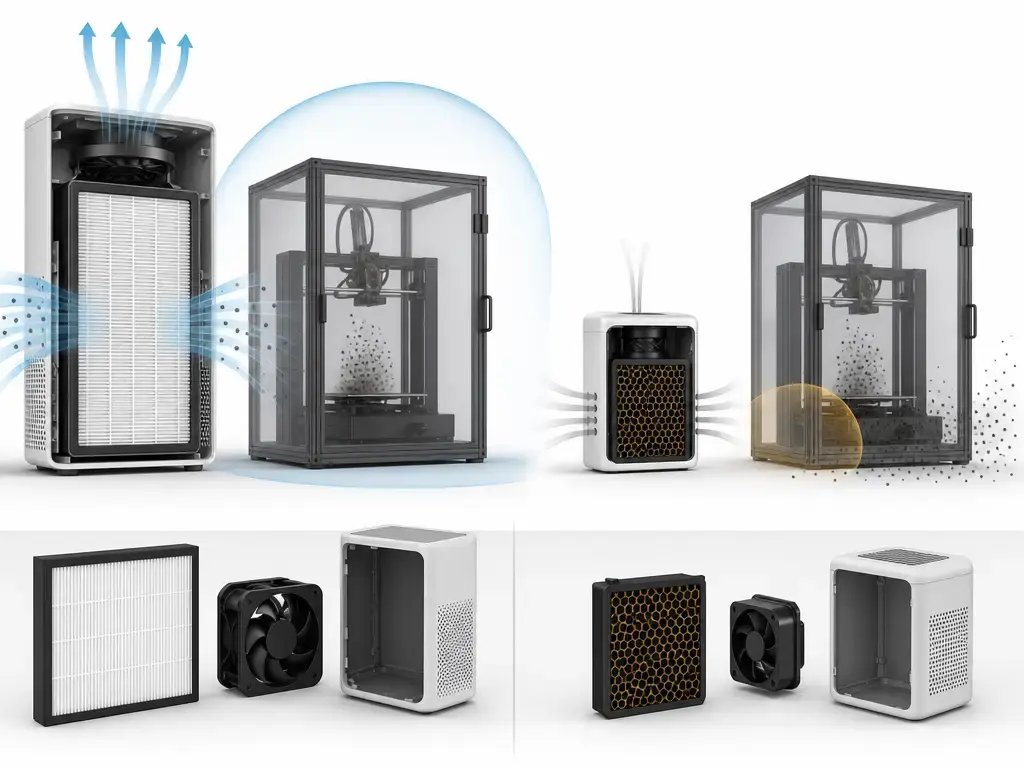 Comparison of a HEPA room purifier and small carbon filter for 3D printer emissions