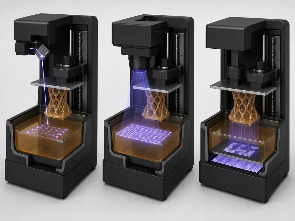 Comparison of SLA, DLP, and LCD vat photopolymerization printers