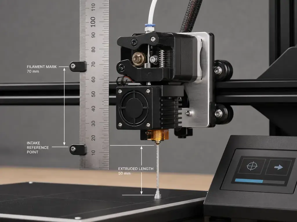 Heated-nozzle E-steps calibration setup with marked filament and ruler