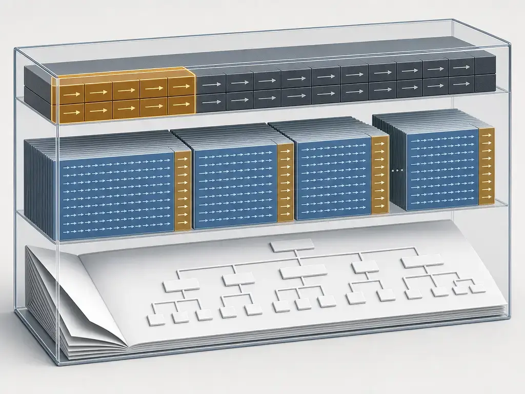 Cutaway diagram of E57 file anatomy with header, binary pages, and XML section