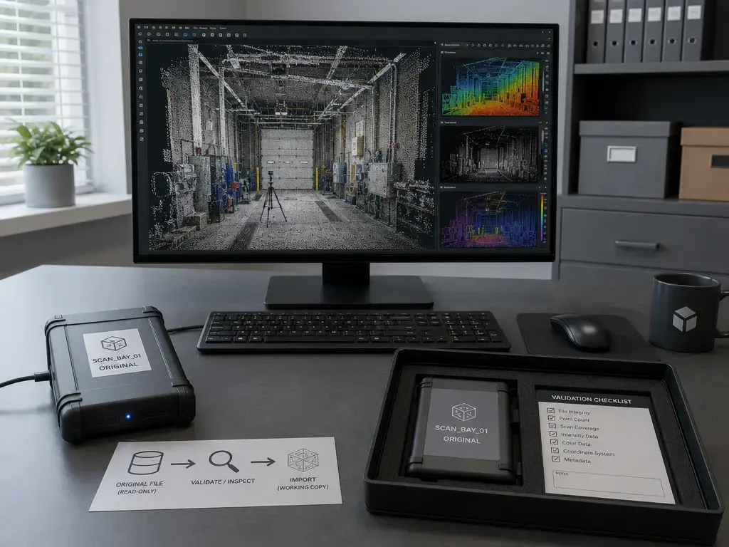 Local workflow for opening and validating an E57 point cloud file
