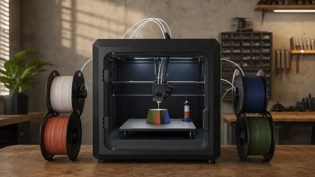 Enclosed single-nozzle 3D printer using a four-spool external feeder and producing purge material during a multicolor print.