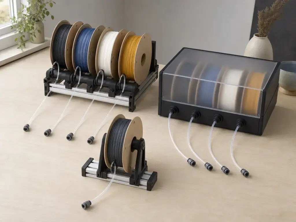 Two unbranded external filament feeder setups and a separate single-spool holder on a workbench.