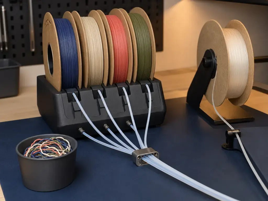 External multispool feeder with routed tubes, a separately routed flexible spool, and purge waste.