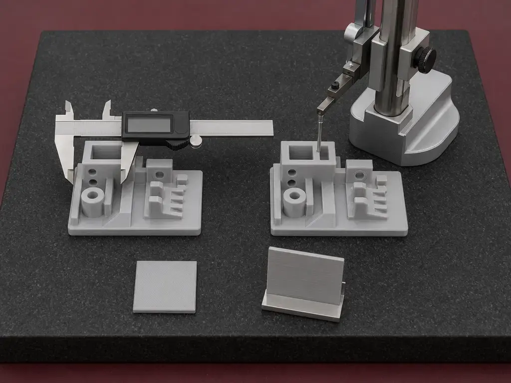 Matched printed calibration parts measured with calipers and a height gauge on a granite reference plate.