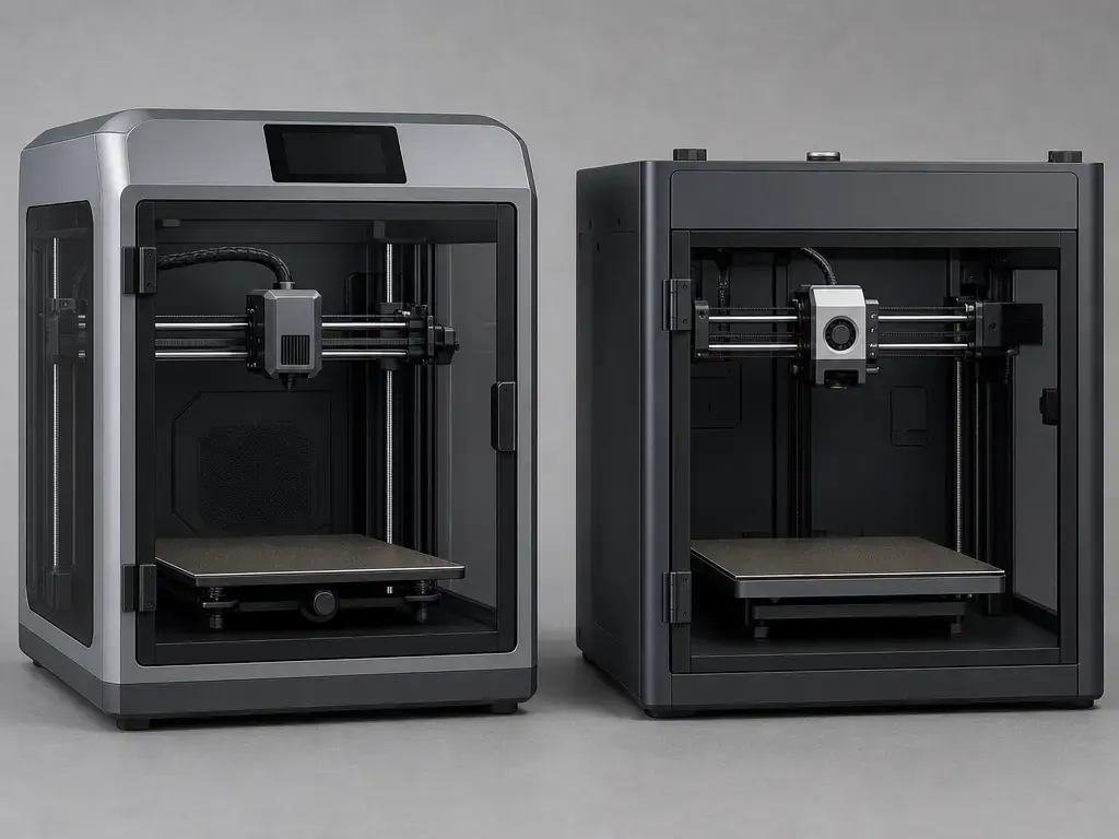 Side-by-side comparison of two enclosed CoreXY 3D printers