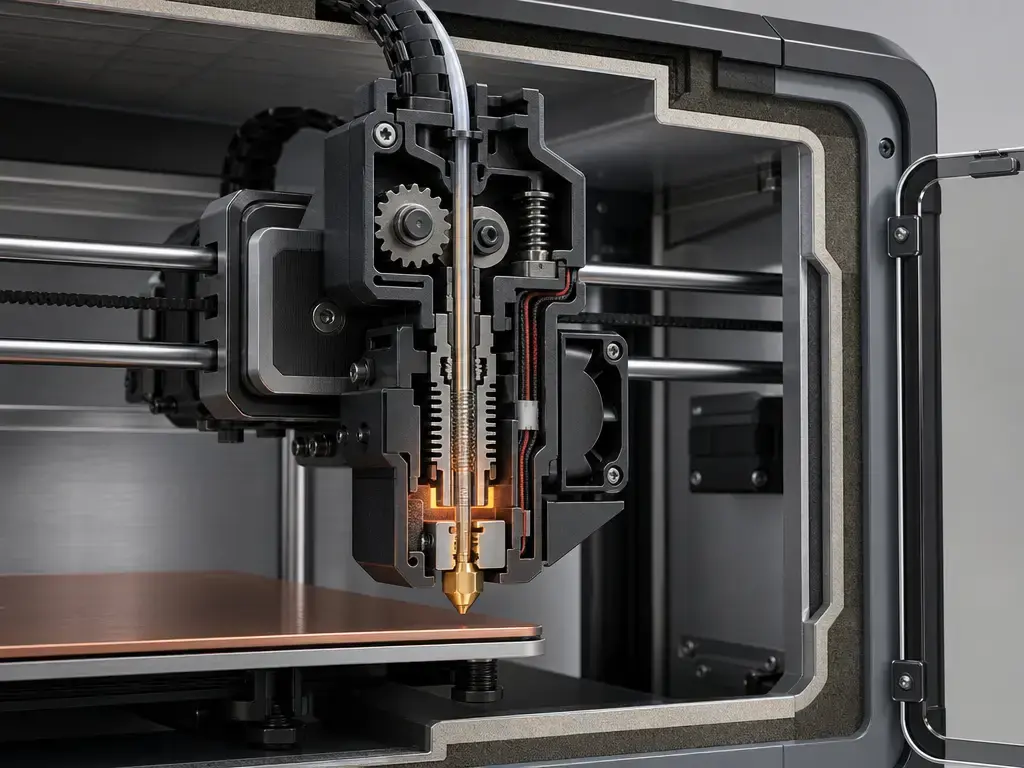 Cutaway of enclosed FFF printer hotend and nozzle assembly