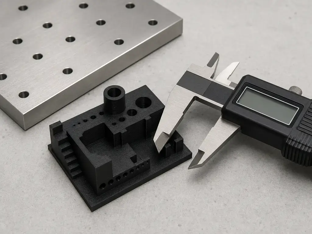 3D printed test artefact measured with calipers on a reference plate