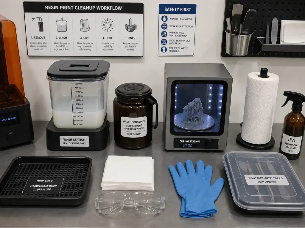 Resin 3D printing cleanup and safety setup