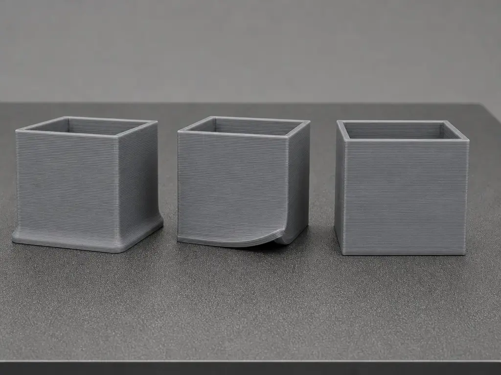 Comparison of elephant foot flare versus warped corner on FFF test blocks