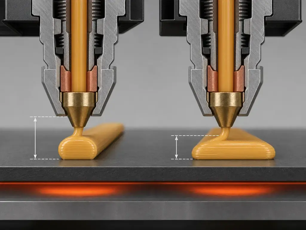 FFF nozzle first-layer cutaway showing correct bead shape and over-squished bead spread