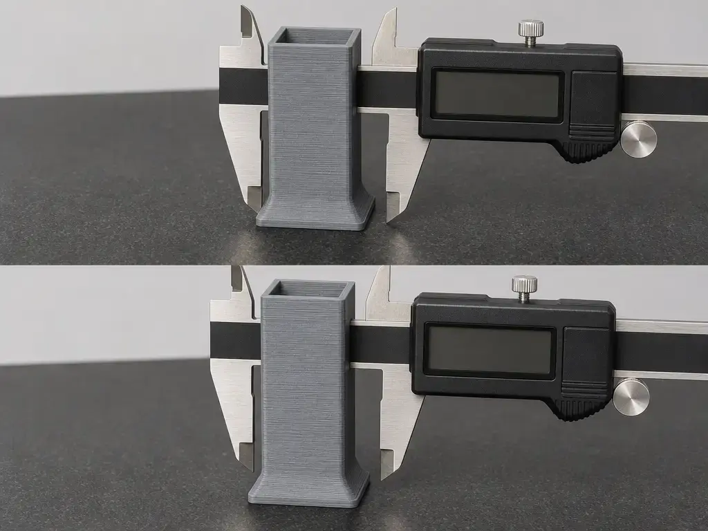 Digital calipers measuring bottom-only flare on a straight-walled FFF print