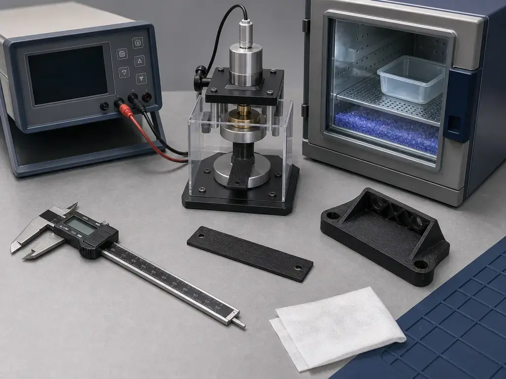 Metrology setup for testing ESD-safe filament coupons under controlled conditions