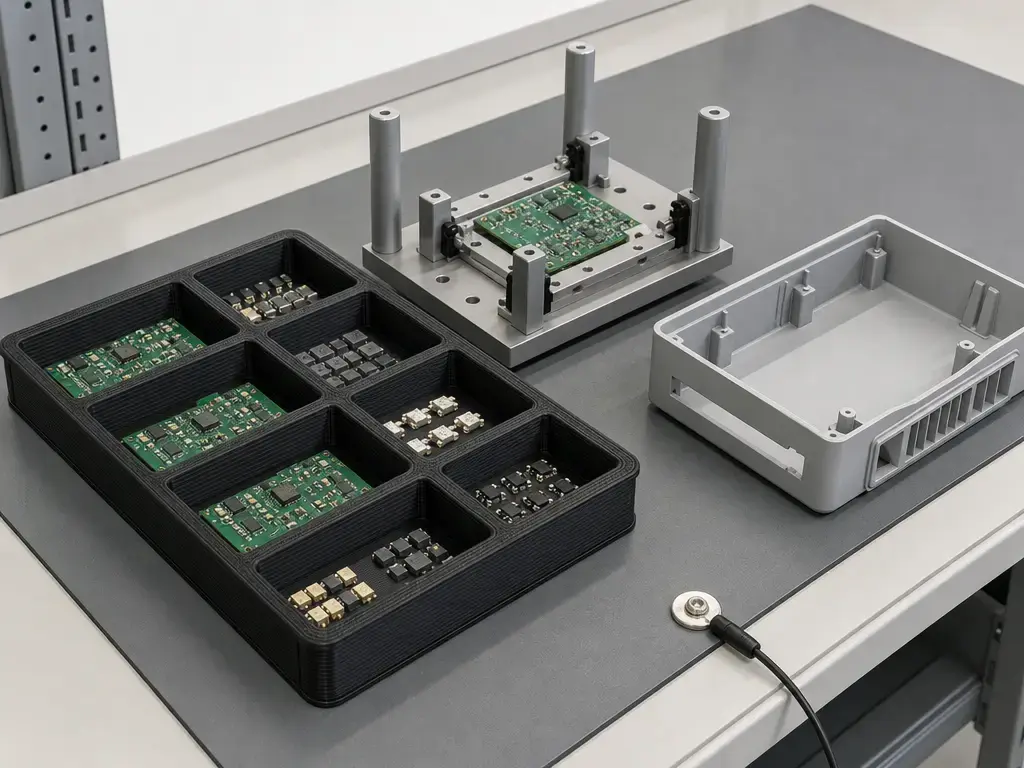 ESD-safe filament tray and fixture workflow for electronics handling