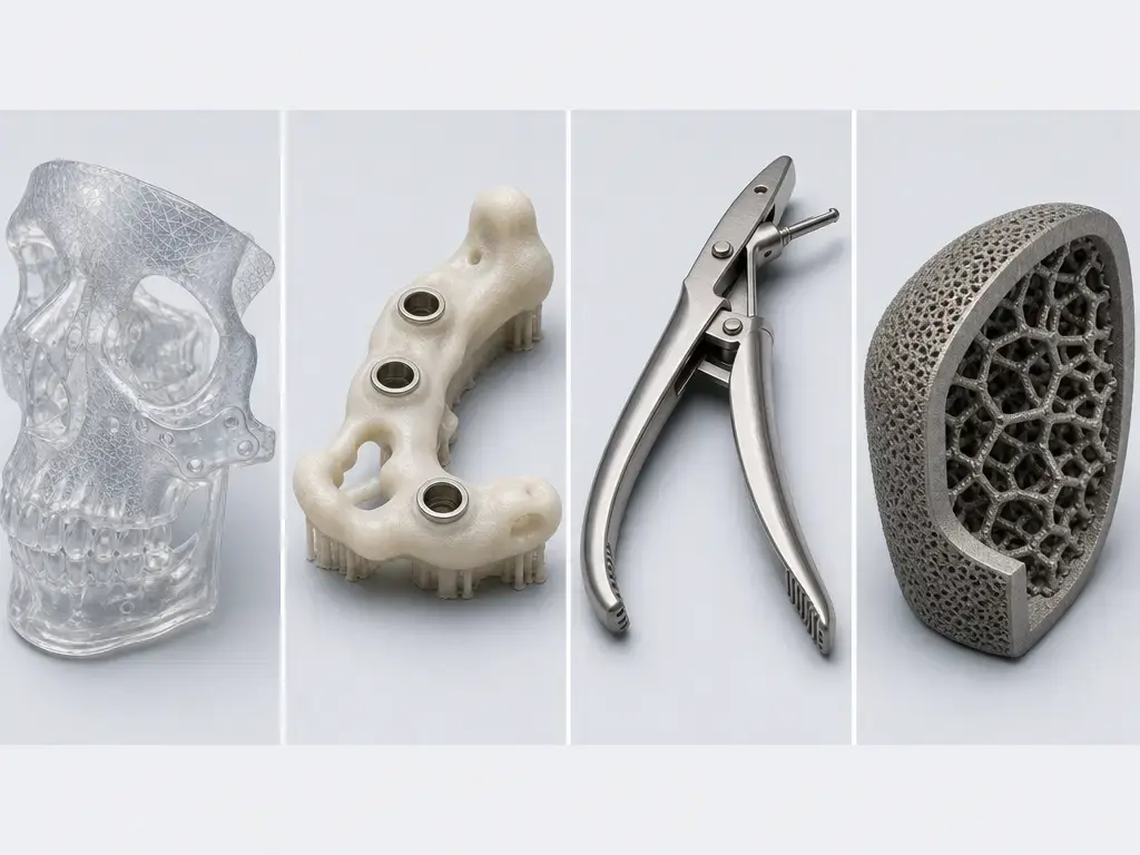 FDA 3D printing product types shown as anatomical model, guide, instrument, and implant.