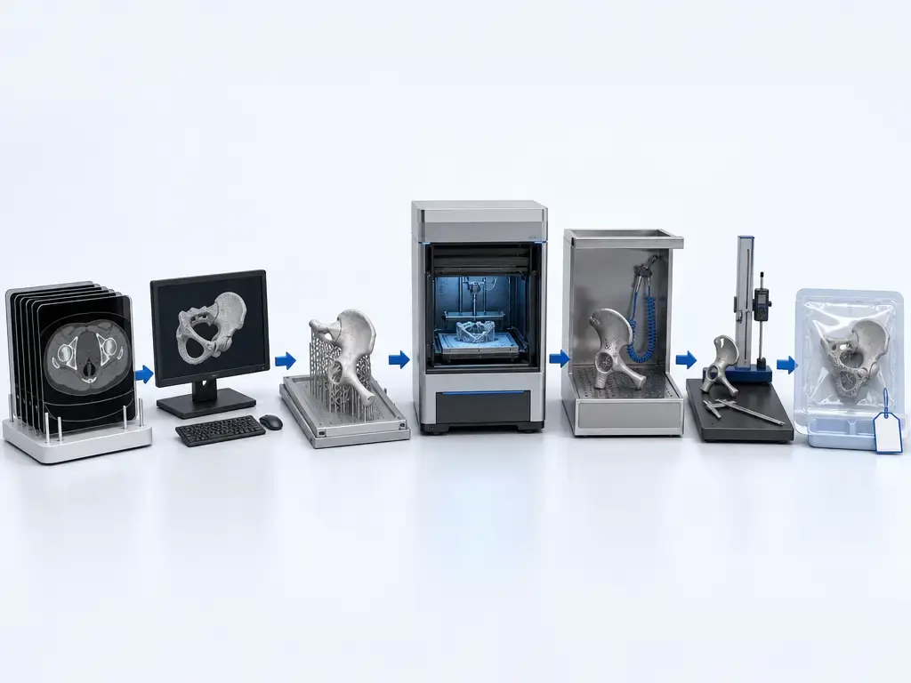 Medical 3D printing workflow from imaging inputs to inspection and packaging.