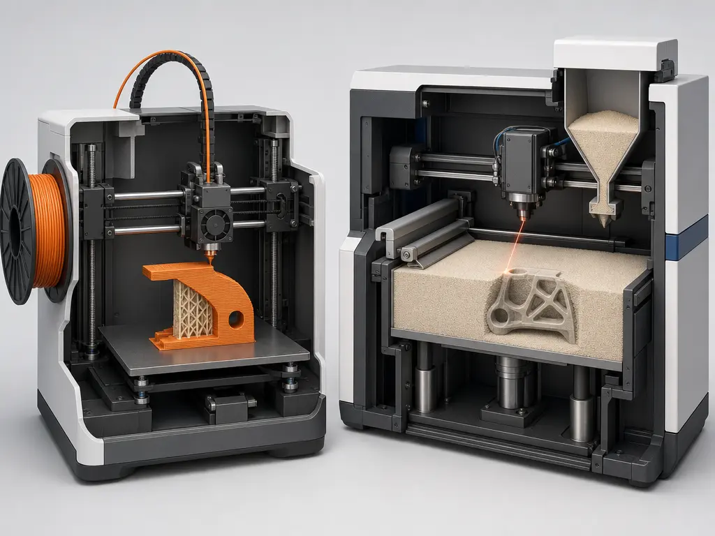 Cutaway of FDM and SLS printing mechanisms with nozzle extrusion and powder-bed laser sintering