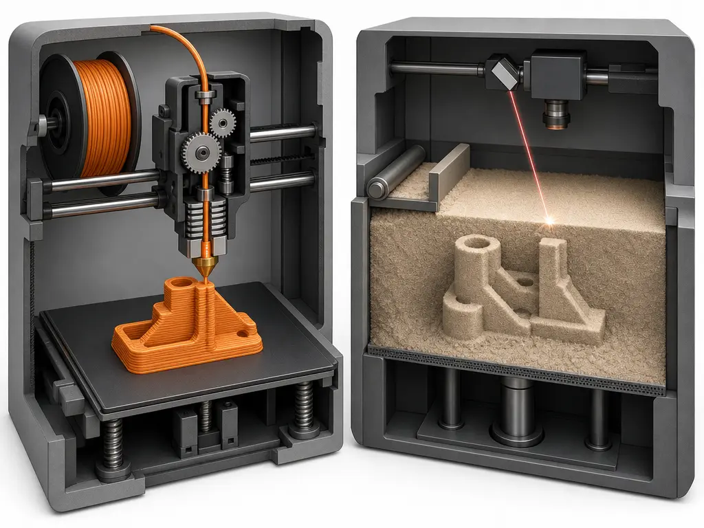 Cutaway of FDM and SLS 3D printing mechanisms
