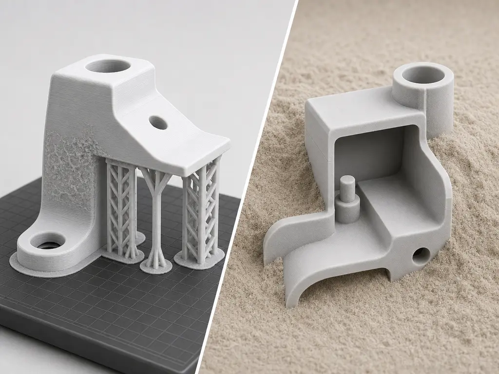 Comparison of FDM supports and SLS support-free geometry in a technical 3D print design layout