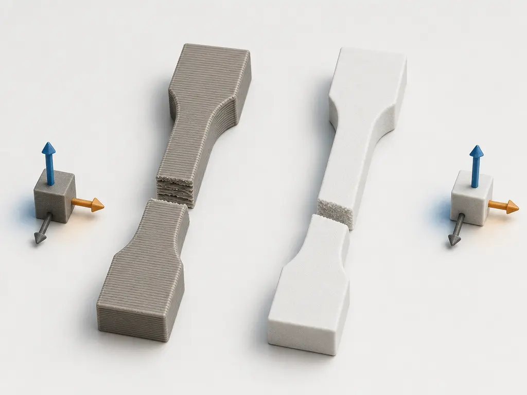 Comparison of FDM and SLS tensile test specimens and orientation