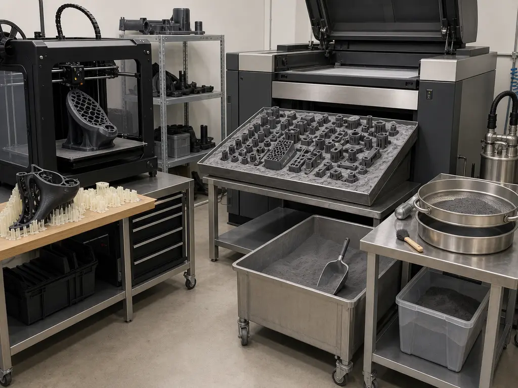 Workflow scene comparing FDM support cleanup with SLS powder handling and batch part depowdering