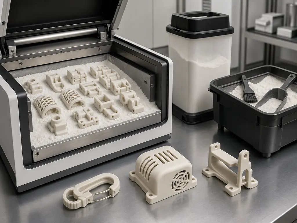 SLS workflow with batch-built nylon parts and depowdering