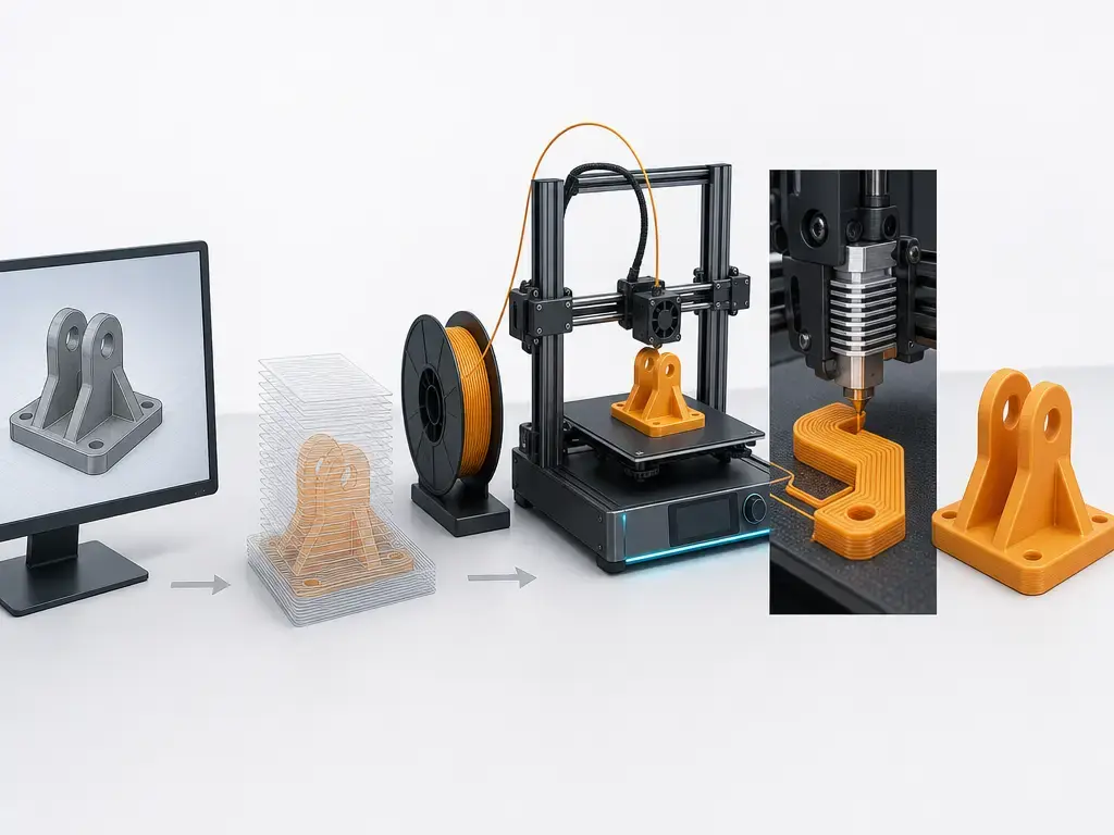 FFF printing workflow from model to sliced layers to deposited part