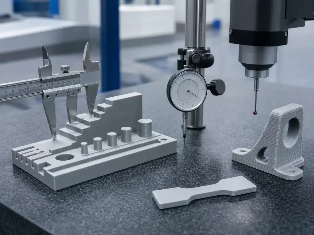 FFF metrology setup with caliper, benchmark artifact, and test coupons