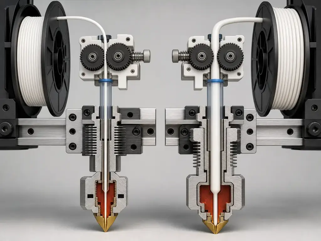 Cutaway of 3D printer filament path for 1.75 mm and 2.85 mm filament