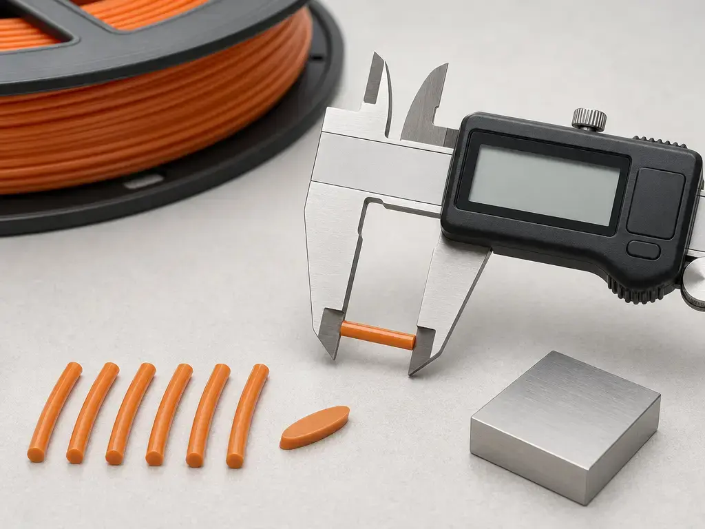 Digital calipers measuring filament diameter on a tabletop