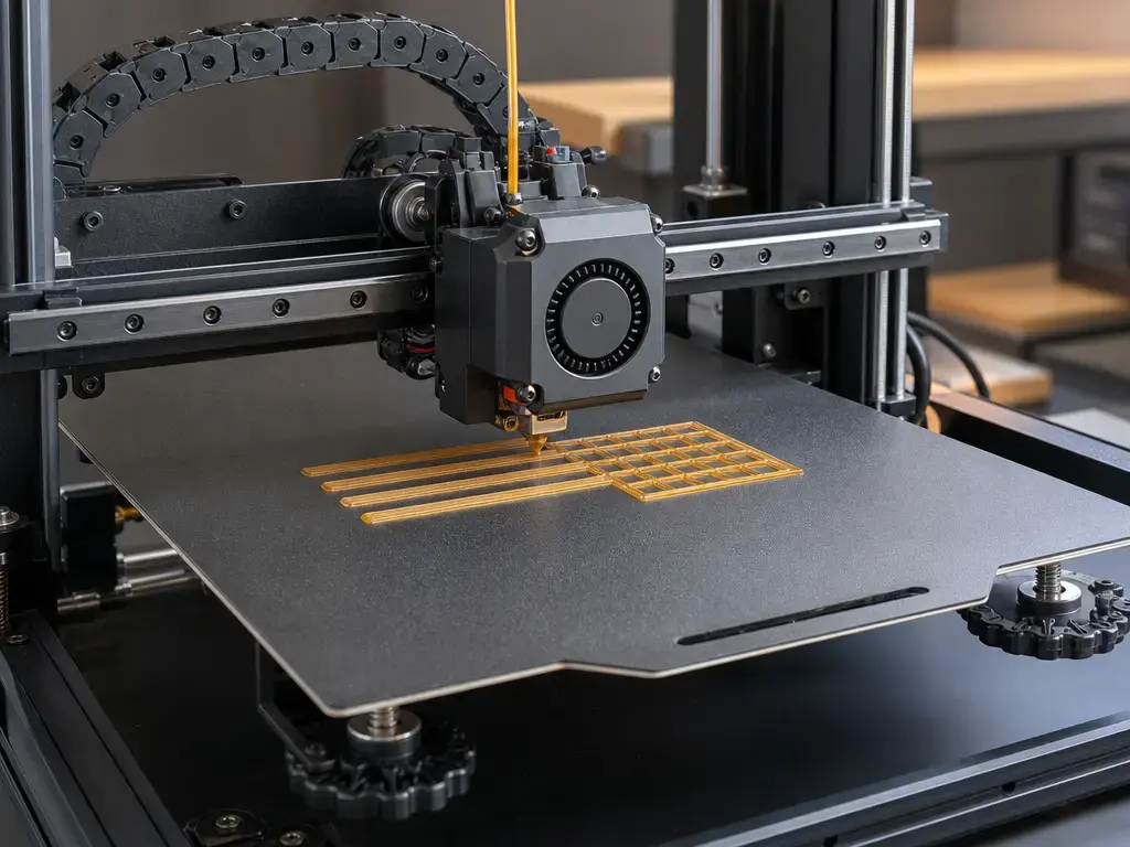 Single-layer first-layer calibration print on a desktop material extrusion 3D printer