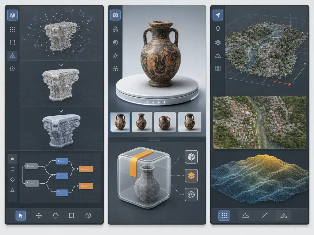 Comparison layout for free photogrammetry software workflows and outputs