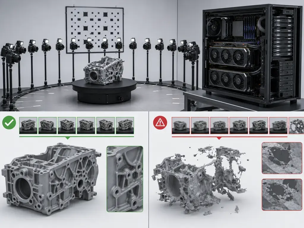 Photogrammetry metrology setup showing dataset quality and hardware limits