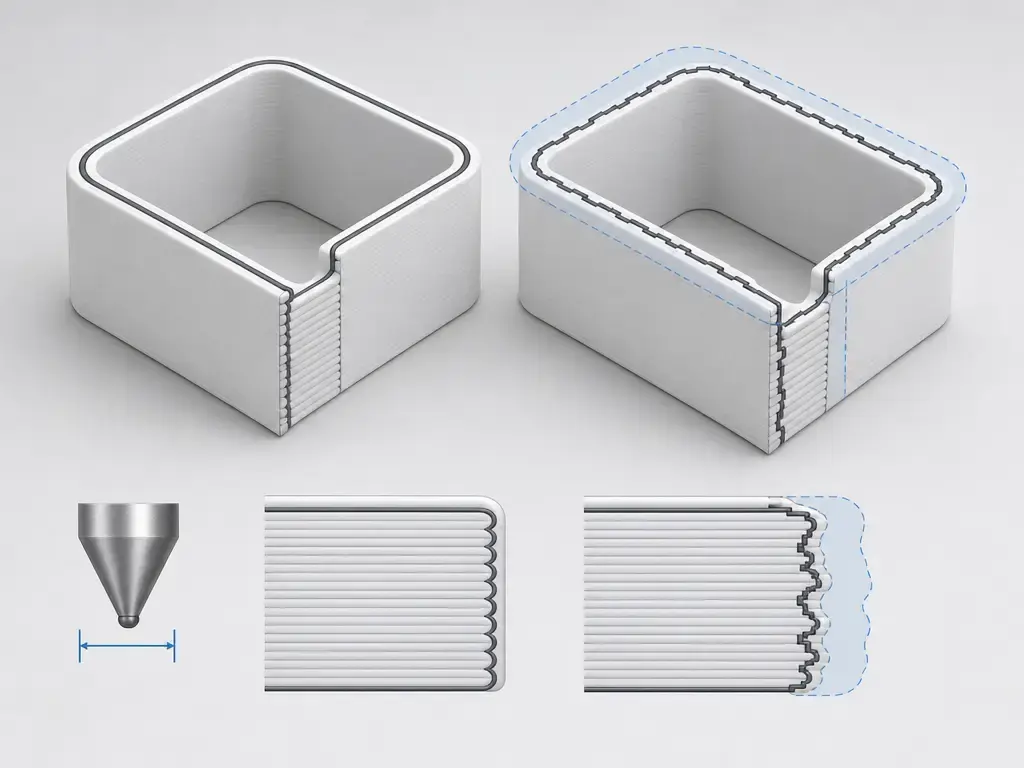 comparison of standard and fuzzy-skin outer wall toolpaths on an FDM part