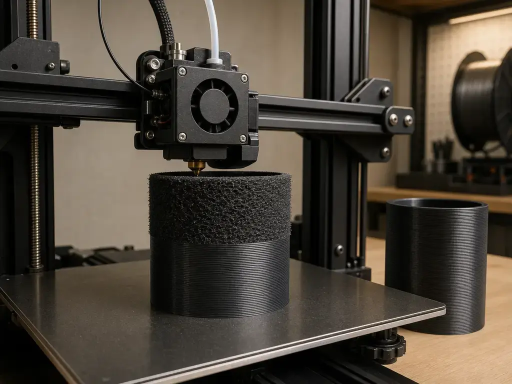 FDM nozzle printing a fuzzy-skin textured outer wall on a test coupon