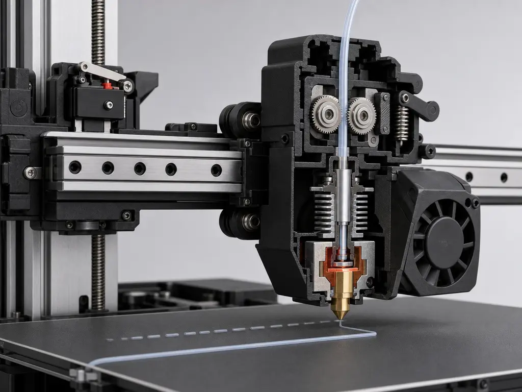 FFF printer toolhead cutaway with motion, homing, and extrusion references