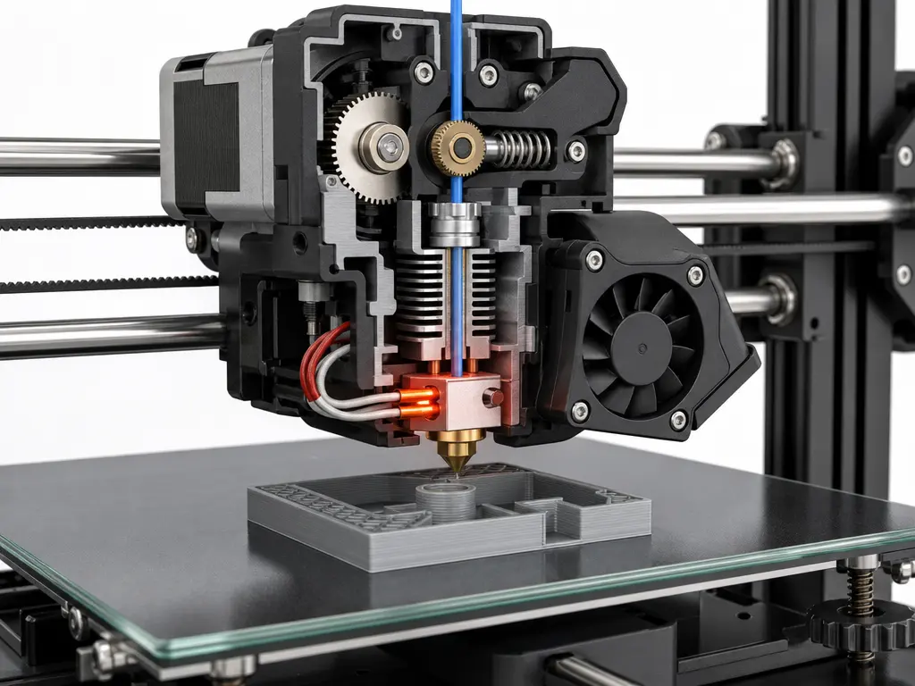 3D printer cutaway showing hotend, nozzle, heated bed, and cooling fan